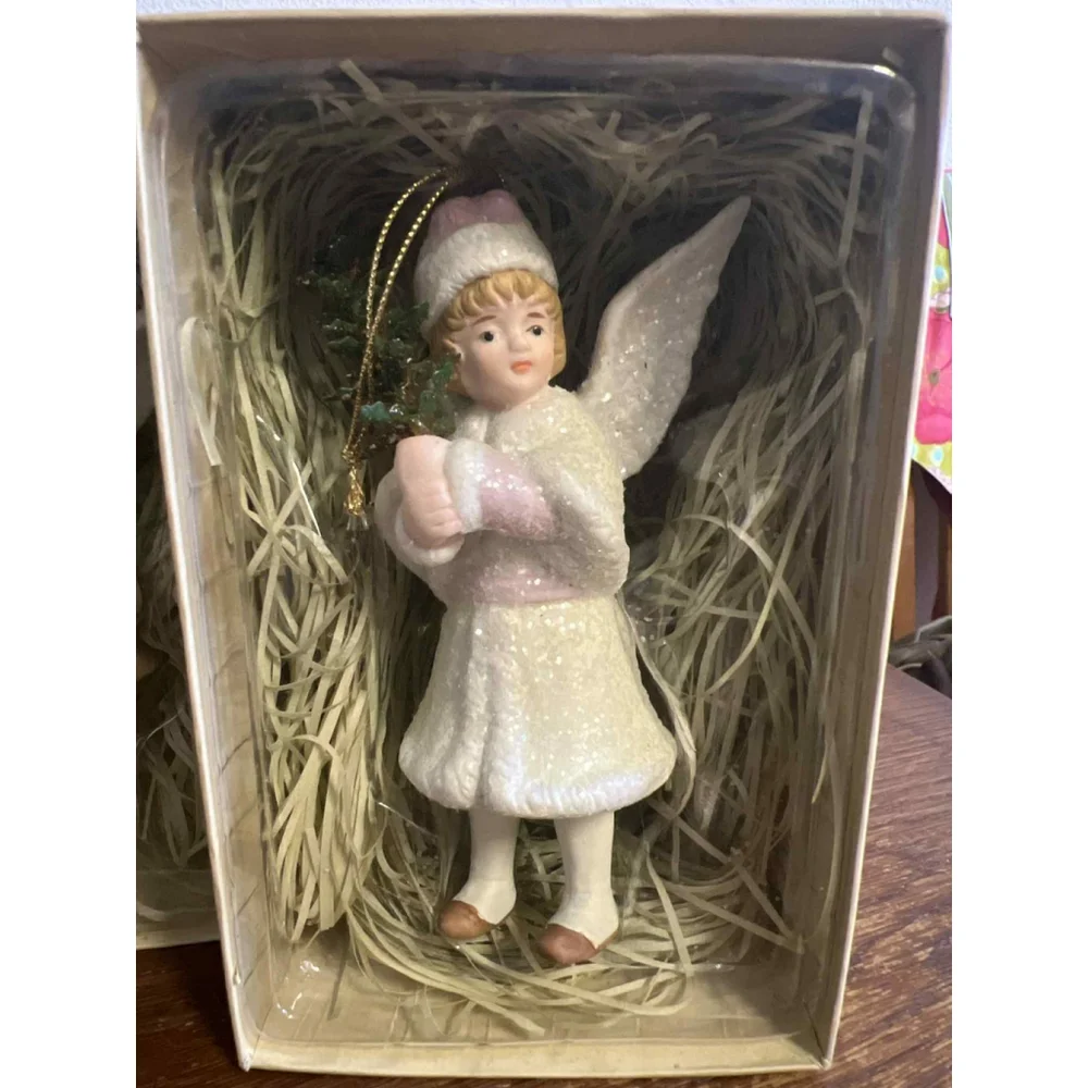 Vintage-Style Porcelain Angel Ornaments SET OF 7 W/ Boxes Costco Import Glitter